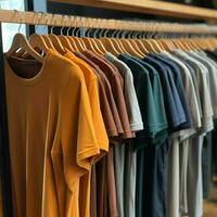 rangée de à la mode polo t-shirts pour homme sur en bois cintre ou grille dans une Vêtements boutique vente au détail magasin concept par ai généré photo