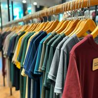 rangée de à la mode polo t-shirts pour homme sur en bois cintre ou grille dans une Vêtements boutique vente au détail magasin concept par ai généré photo