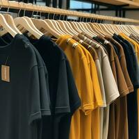 rangée de à la mode polo t-shirts pour homme sur en bois cintre ou grille dans une Vêtements boutique vente au détail magasin concept par ai généré photo