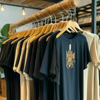 rangée de à la mode polo t-shirts pour homme sur en bois cintre ou grille dans une Vêtements boutique vente au détail magasin concept par ai généré photo