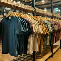 rangée de à la mode polo t-shirts pour homme sur en bois cintre ou grille dans une Vêtements boutique vente au détail magasin concept par ai généré photo