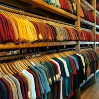 rangée de à la mode polo t-shirts pour homme sur en bois cintre ou grille dans une Vêtements boutique vente au détail magasin concept par ai généré photo