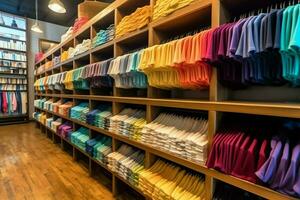 rangée de à la mode polo t-shirts pour homme sur en bois cintre ou grille dans une Vêtements boutique vente au détail magasin concept par ai généré photo