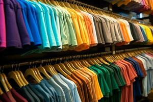 rangée de à la mode polo t-shirts pour homme sur en bois cintre ou grille dans une Vêtements boutique vente au détail magasin concept par ai généré photo