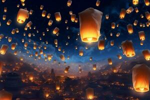 en volant lanternes dans le nuit ciel pendant le diwali Festival Inde, oui peng ou milieu de l'automne journée dans Chine concept par ai généré photo