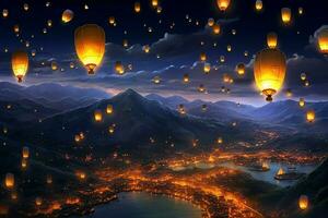 en volant lanternes dans le nuit ciel pendant le diwali Festival Inde, oui peng ou milieu de l'automne journée dans Chine concept par ai généré photo