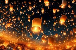 en volant lanternes dans le nuit ciel pendant le diwali Festival Inde, oui peng ou milieu de l'automne journée dans Chine concept par ai généré photo