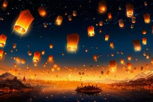 en volant lanternes dans le nuit ciel pendant le diwali Festival Inde, oui peng ou milieu de l'automne journée dans Chine concept par ai généré photo