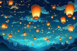 en volant lanternes dans le nuit ciel pendant le diwali Festival Inde, oui peng ou milieu de l'automne journée dans Chine concept par ai généré photo