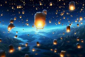 en volant lanternes dans le nuit ciel pendant le diwali Festival Inde, oui peng ou milieu de l'automne journée dans Chine concept par ai généré photo