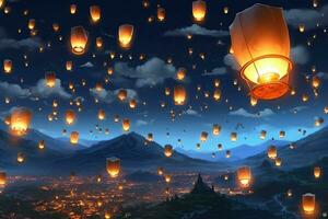 en volant lanternes dans le nuit ciel pendant le diwali Festival Inde, oui peng ou milieu de l'automne journée dans Chine concept par ai généré photo