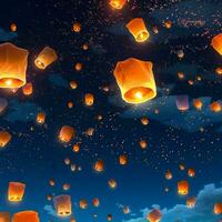 en volant lanternes dans le nuit ciel pendant le diwali Festival Inde, oui peng ou milieu de l'automne journée dans Chine concept par ai généré photo