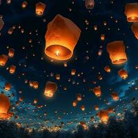 en volant lanternes dans le nuit ciel pendant le diwali Festival Inde, oui peng ou milieu de l'automne journée dans Chine concept par ai généré photo