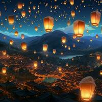 en volant lanternes dans le nuit ciel pendant le diwali Festival Inde, oui peng ou milieu de l'automne journée dans Chine concept par ai généré photo