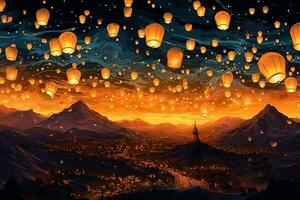 en volant lanternes dans le nuit ciel pendant le diwali Festival Inde, oui peng ou milieu de l'automne journée dans Chine concept par ai généré photo