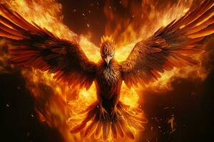 phénix oiseau avec tendu ailes en hausse brûlant dans flammes. épique phénix oiseau Feu Renaissance Puissance concept par ai généré photo