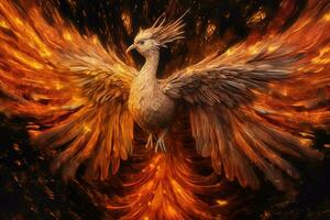 phénix oiseau avec tendu ailes en hausse brûlant dans flammes. épique phénix oiseau Feu Renaissance Puissance concept par ai généré photo