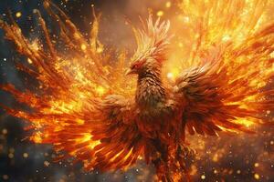 phénix oiseau avec tendu ailes en hausse brûlant dans flammes. épique phénix oiseau Feu Renaissance Puissance concept par ai généré photo