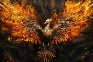 phénix oiseau avec tendu ailes en hausse brûlant dans flammes. épique phénix oiseau Feu Renaissance Puissance concept par ai généré photo