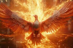 phénix oiseau avec tendu ailes en hausse brûlant dans flammes. épique phénix oiseau Feu Renaissance Puissance concept par ai généré photo