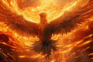 phénix oiseau avec tendu ailes en hausse brûlant dans flammes. épique phénix oiseau Feu Renaissance Puissance concept par ai généré photo