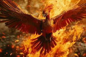 phénix oiseau avec tendu ailes en hausse brûlant dans flammes. épique phénix oiseau Feu Renaissance Puissance concept par ai généré photo