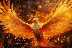 phénix oiseau avec tendu ailes en hausse brûlant dans flammes. épique phénix oiseau Feu Renaissance Puissance concept par ai généré photo