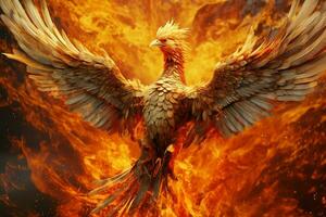 phénix oiseau avec tendu ailes en hausse brûlant dans flammes. épique phénix oiseau Feu Renaissance Puissance concept par ai généré photo