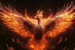 phénix oiseau avec tendu ailes en hausse brûlant dans flammes. épique phénix oiseau Feu Renaissance Puissance concept par ai généré photo