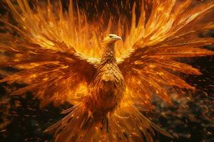 phénix oiseau avec tendu ailes en hausse brûlant dans flammes. épique phénix oiseau Feu Renaissance Puissance concept par ai généré photo