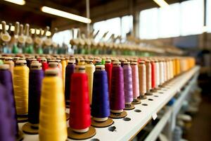 textile tissu usine industrie avec broderie machine, tricot ou filage. couture fil entreprise concept par ai généré photo