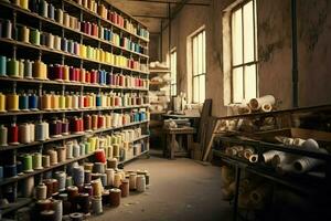 textile tissu usine industrie avec broderie machine, tricot ou filage. couture fil entreprise concept par ai généré photo