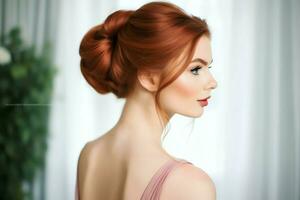 une magnifique la mariée avec une chignon coiffures pour longue cheveux Regardez de dos. une femelle coiffure arrière vue concept par ai généré photo