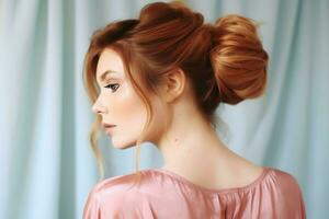 une magnifique la mariée avec une chignon coiffures pour longue cheveux Regardez de dos. une femelle coiffure arrière vue concept par ai généré photo