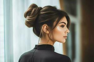 une magnifique la mariée avec une chignon coiffures pour longue cheveux Regardez de dos. une femelle coiffure arrière vue concept par ai généré photo