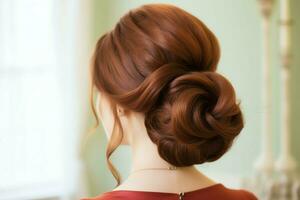 une magnifique la mariée avec une chignon coiffures pour longue cheveux Regardez de dos. une femelle coiffure arrière vue concept par ai généré photo