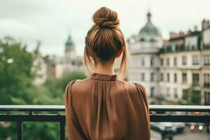 une magnifique la mariée avec une chignon coiffures pour longue cheveux Regardez de dos. une femelle coiffure arrière vue concept par ai généré photo