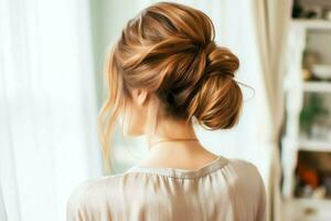 une magnifique la mariée avec une chignon coiffures pour longue cheveux Regardez de dos. une femelle coiffure arrière vue concept par ai généré photo