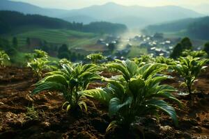 magnifique vue de une thé champ plantation, vignoble ferme ou fraise jardin dans le vert collines à lever du soleil concept par ai généré photo