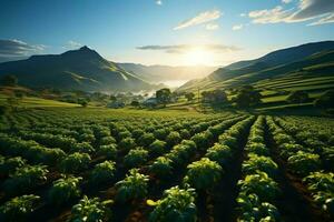 magnifique vue de une thé champ plantation, vignoble ferme ou fraise jardin dans le vert collines à lever du soleil concept par ai généré photo