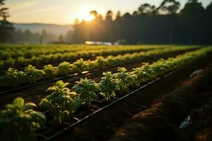 magnifique vue de une thé champ plantation, vignoble ferme ou fraise jardin dans le vert collines à lever du soleil concept par ai généré photo