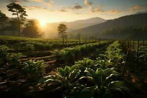 magnifique vue de une thé champ plantation, vignoble ferme ou fraise jardin dans le vert collines à lever du soleil concept par ai généré photo