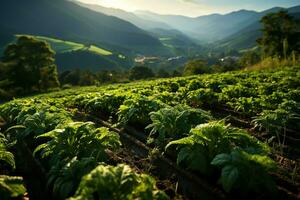 magnifique vue de une thé champ plantation, vignoble ferme ou fraise jardin dans le vert collines à lever du soleil concept par ai généré photo