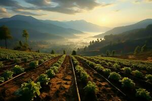 magnifique vue de une thé champ plantation, vignoble ferme ou fraise jardin dans le vert collines à lever du soleil concept par ai généré photo