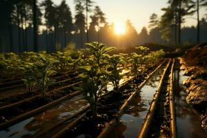 magnifique vue de une thé champ plantation, vignoble ferme ou fraise jardin dans le vert collines à lever du soleil concept par ai généré photo