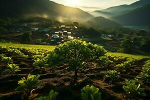 magnifique vue de une thé champ plantation, vignoble ferme ou fraise jardin dans le vert collines à lever du soleil concept par ai généré photo