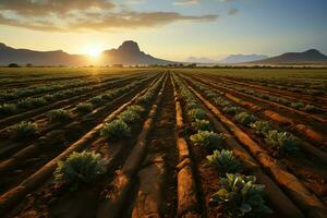 magnifique vue de une thé champ plantation, vignoble ferme ou fraise jardin dans le vert collines à lever du soleil concept par ai généré photo