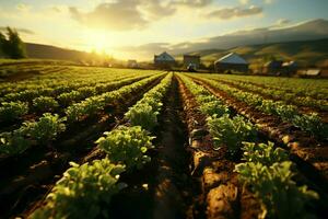 magnifique vue de une thé champ plantation, vignoble ferme ou fraise jardin dans le vert collines à lever du soleil concept par ai généré photo