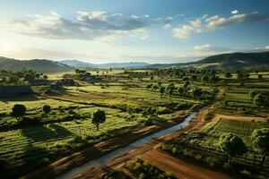 magnifique vue de une thé champ plantation, vignoble ferme ou fraise jardin dans le vert collines à lever du soleil concept par ai généré photo