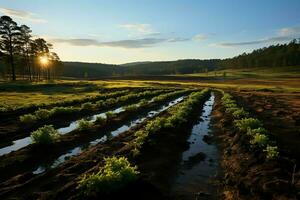 magnifique vue de une thé champ plantation, vignoble ferme ou fraise jardin dans le vert collines à lever du soleil concept par ai généré photo